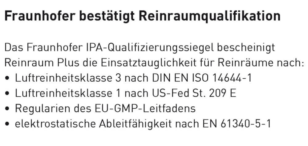 Bimos Reinraum Plus 2 9161 Fraunhofer Bestätigung Reinraumqualifikation