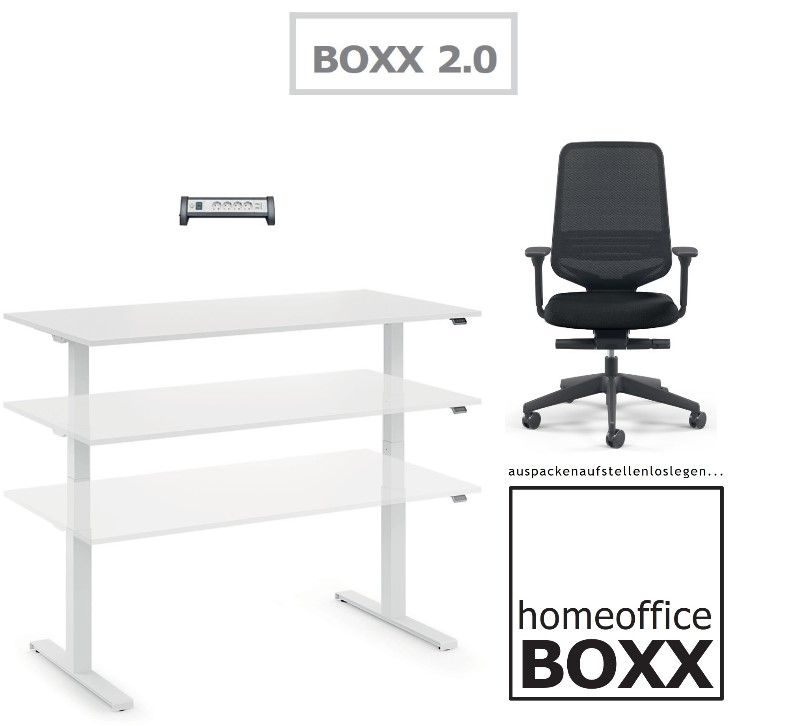 fm Homeoffice BOXX 2.0, Sitz-Stehtisch und Bürostuhl